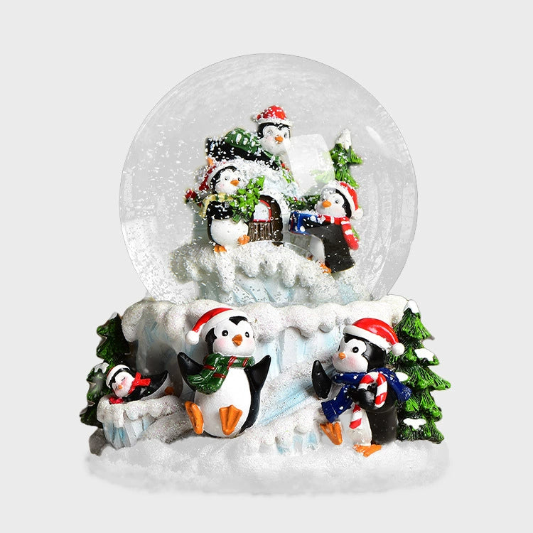 Christmas Gift Penguin Crystal Ball Music Box with Colorful Lighting Decoration Resin Crafts Music Box