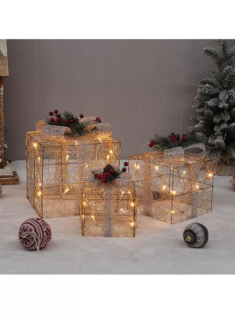 Christmas Gift Box Silk Thread Winding Christmas Gift Box Three-Piece Pile Head Decoration Holiday Scene Decoration Supplies