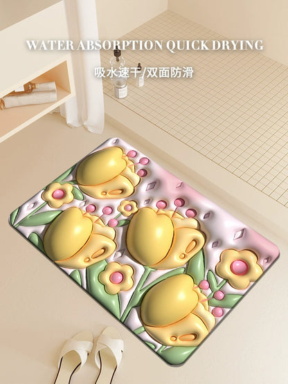 3D Three-Dimensional Expansion Small Flower Floor Mat Bathroom Toilet Diatom Mud Absorbent Pad Toilet Door Non-Slip Bathtub Floor Mat