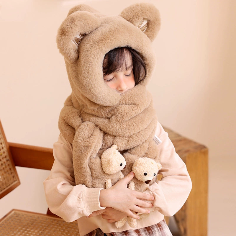 Cute Bear Hat Heattech Scarf Integrated Hooded Women's Autumn and Winter Heattech Gloves Thick Fleece Three-Piece Set