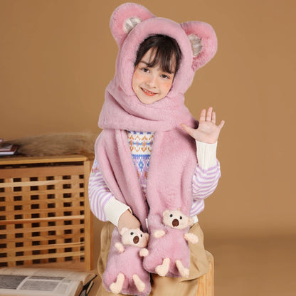 Cute Bear Hat Heattech Scarf Integrated Hooded Women's Autumn and Winter Heattech Gloves Thick Fleece Three-Piece Set