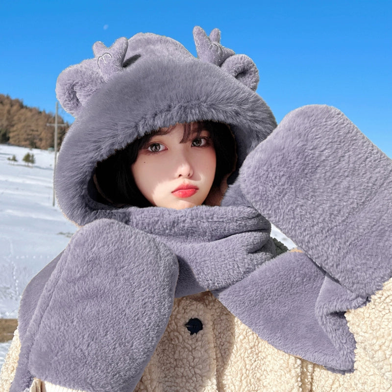 Cute Bear Hat Heattech Scarf Integrated Hooded Women's Autumn and Winter Heattech Gloves Thick Fleece Three-Piece Set