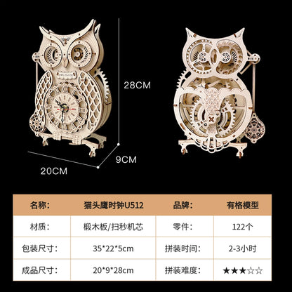 Ruoke Owl Clock Handmade DIY Building Blocks Mechanical Assemble Model 3D Puzzle Model Clock Decoration Toy