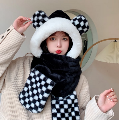 Cute Bear Hat Heattech Scarf Integrated Hooded Women's Autumn and Winter Heattech Gloves Thick Fleece Three-Piece Set