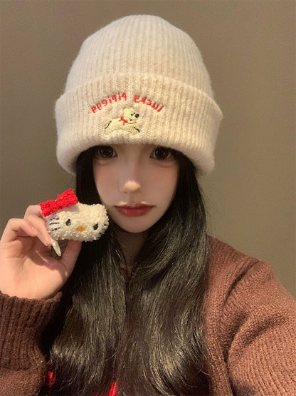 Cute Puppy Embroider Knitting Woolen Cap Female 2024 New Arrival Autumn and Winter Show Face Little Wild Big Head Circumference Hat