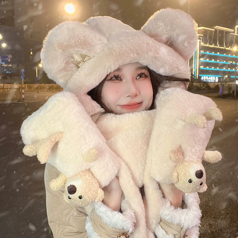 Cute Bear Hat Heattech Scarf Integrated Hooded Women's Autumn and Winter Heattech Gloves Thick Fleece Three-Piece Set