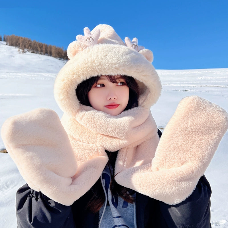 Cute Bear Hat Heattech Scarf Integrated Hooded Women's Autumn and Winter Heattech Gloves Thick Fleece Three-Piece Set