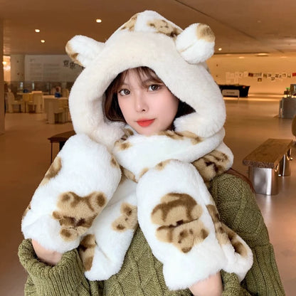 Cute Bear Hat Heattech Scarf Integrated Hooded Women's Autumn and Winter Heattech Gloves Thick Fleece Three-Piece Set