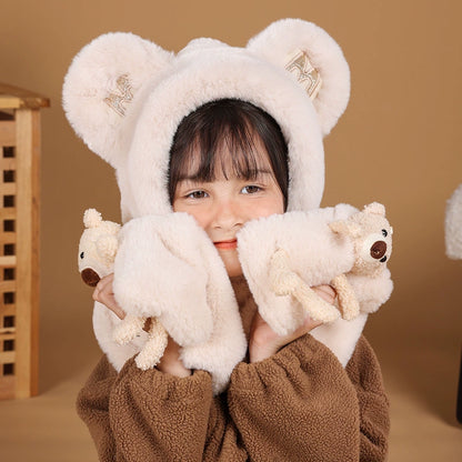 Cute Bear Hat Heattech Scarf Integrated Hooded Women's Autumn and Winter Heattech Gloves Thick Fleece Three-Piece Set