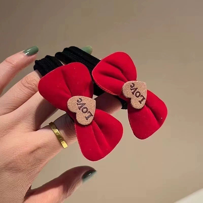 New Year Children Red Bows Rubber Band Girl Bun Headband Baby Festive New Year Greeting Hair Rope Ring Hair Accessories