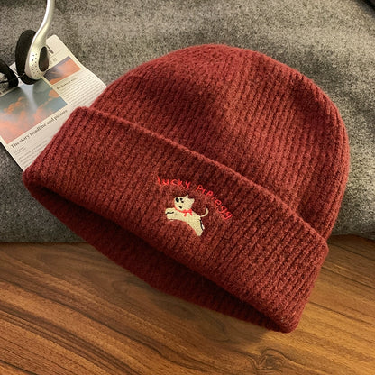 Cute Puppy Embroider Knitting Woolen Cap Female 2024 New Arrival Autumn and Winter Show Face Little Wild Big Head Circumference Hat