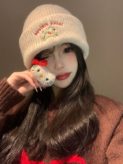 Cute Puppy Embroider Knitting Woolen Cap Female 2024 New Arrival Autumn and Winter Show Face Little Wild Big Head Circumference Hat