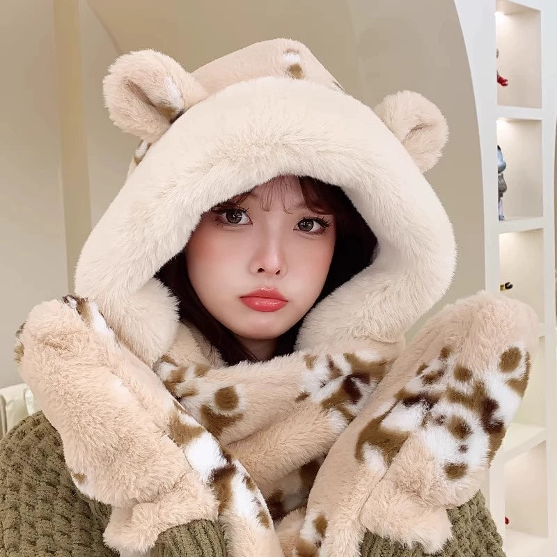 Cute Bear Hat Heattech Scarf Integrated Hooded Women's Autumn and Winter Heattech Gloves Thick Fleece Three-Piece Set