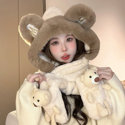 Cute Bear Hat Heattech Scarf Integrated Hooded Women's Autumn and Winter Heattech Gloves Thick Fleece Three-Piece Set