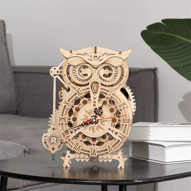 Ruoke Owl Clock Handmade DIY Building Blocks Mechanical Assemble Model 3D Puzzle Model Clock Decoration Toy