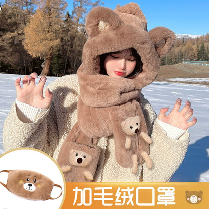 Cute Bear Hat Heattech Scarf Integrated Hooded Women's Autumn and Winter Heattech Gloves Thick Fleece Three-Piece Set