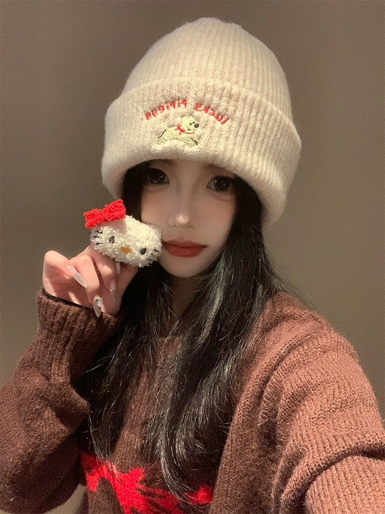 Cute Puppy Embroider Knitting Woolen Cap Female 2024 New Arrival Autumn and Winter Show Face Little Wild Big Head Circumference Hat