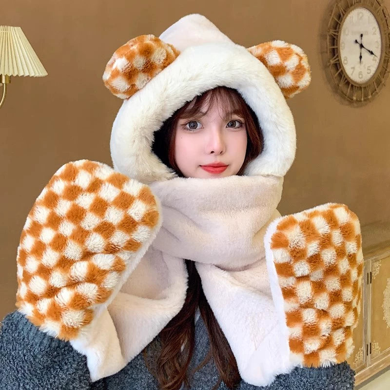 Cute Bear Hat Heattech Scarf Integrated Hooded Women's Autumn and Winter Heattech Gloves Thick Fleece Three-Piece Set