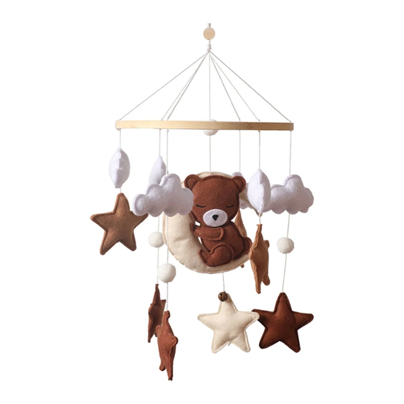 Wooden Crib Mobile Baby Bed Bell Rattle Toy Soft Felt Cartoon Bear Mobile Hanging Newborn Music Box Bed Bell Hanging Bracket Toy