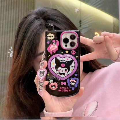 Cartoon Happy Hello Kitty Kuromi with Mirror Telephone Phone Case For iPhone 16 15 14 13 12 11 Pro Max Anti-fall Cover Funda