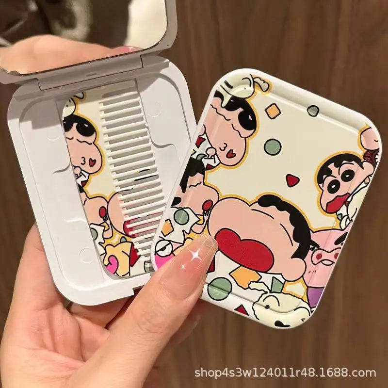 Anime Crayon Shin Chan Handheld Mirror Foldable Mirror Comb Makeup Portable Holiday Girls Cosmetic Mirror Girl Birthday Gifts