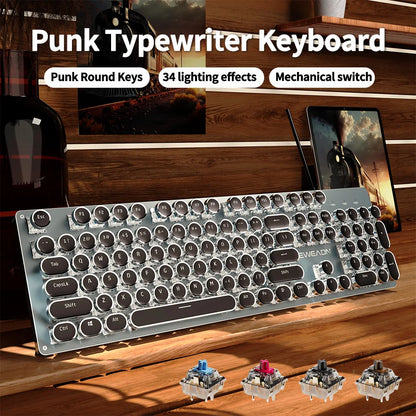 EWEADN TK100 Punk Typewriter Mechanical Gaming Keyboard, 104Keys with LED Backlit USB Wired Keyboards, for Windows Laptop PC