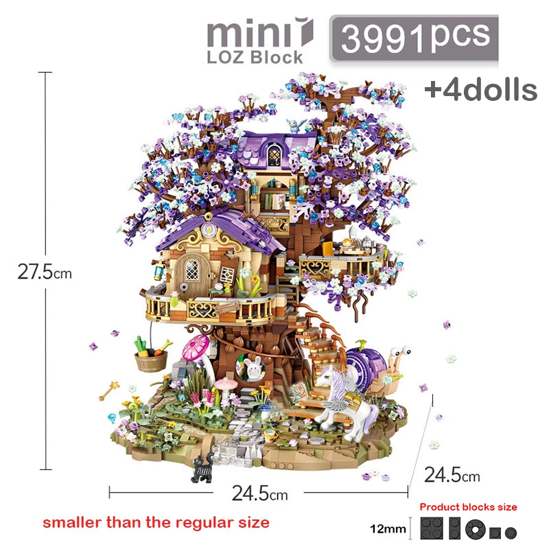 Creative LOZ Mini EIf Tree House Luminous Brick Building Blocks DIY City Street View Cherry Blossom Model Toys For Children Gift