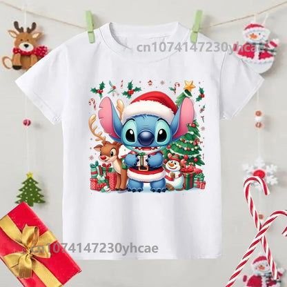 Merry Christmas Lilo Stitch Kids Tshirts Baby Holiday T-Shirt Tees Girls Party T Shirt with Clothes Kids Fashion Tops Tshirt