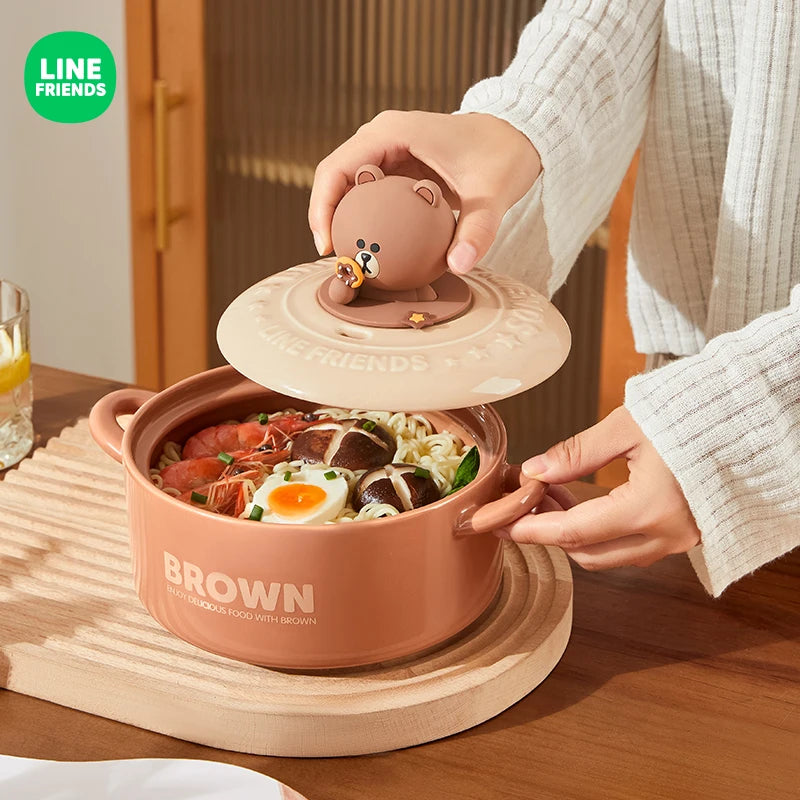 LINE FRIENDS Double Ear Instant Noodles Bowl for Home Dining Dormitory Student Rice Bowl Dish Ceramic Soup Bowl Dormitory Bowl