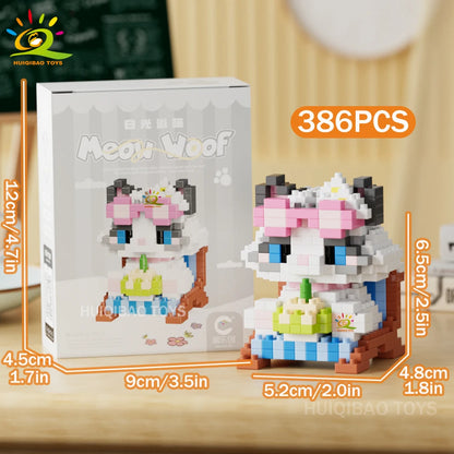 HUIQIBAO MINI Working Cat Pet Dog Micro Model Building Block Set Kids City Cartoon Animal Diamond Bricks Educational Toys Adult