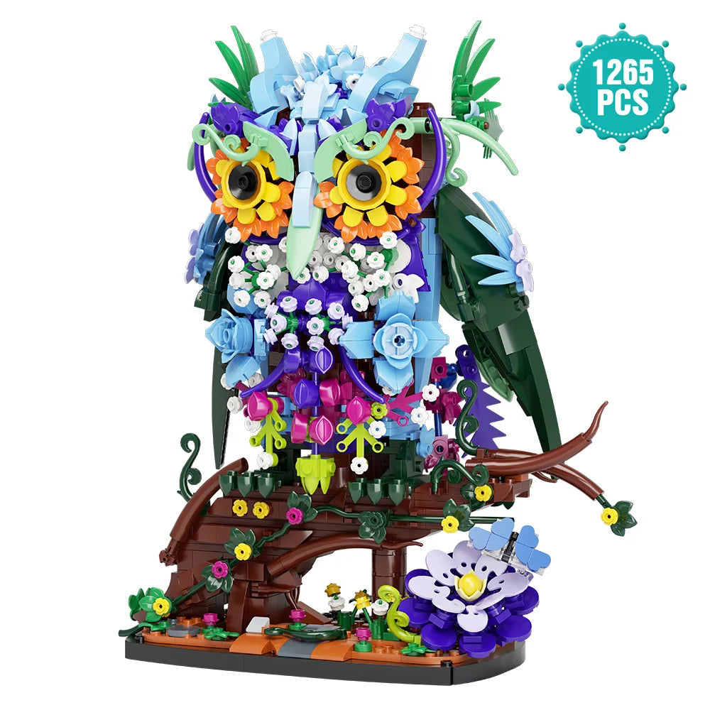 1241PCS Owl Animal Flowers Building Toy Set MOC Floral Collectible Model for Home Decor Office Art Halloween Christmas Gifts