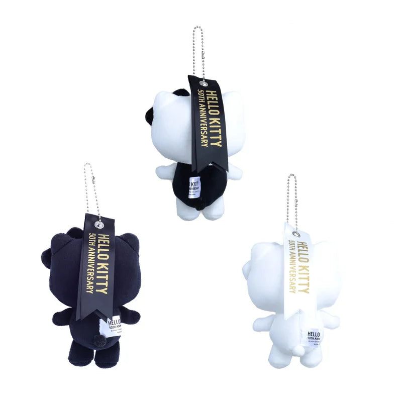 Kawaii Hello Kitty Plush Keychain Sanrio Anime Cartoon 50Th Anniversary Black White Kt Plush Pendant Stuffed Toys Girl Gifts ﻿