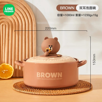 LINE FRIENDS Double Ear Instant Noodles Bowl for Home Dining Dormitory Student Rice Bowl Dish Ceramic Soup Bowl Dormitory Bowl