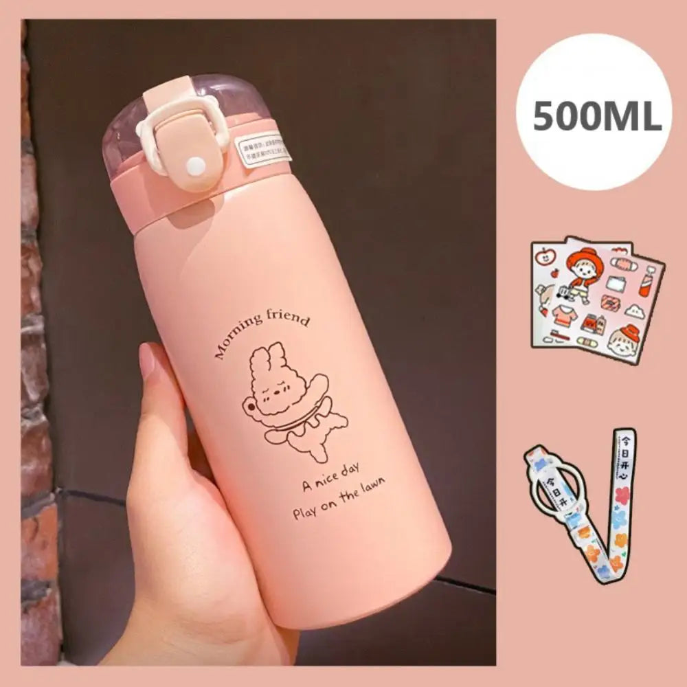 350ml/500ml Cute Water Bottle Thermos Cup Portable Kawaii Thermos Bottle with Straw and Stickers Kid Stainless Steel Thermal Mug