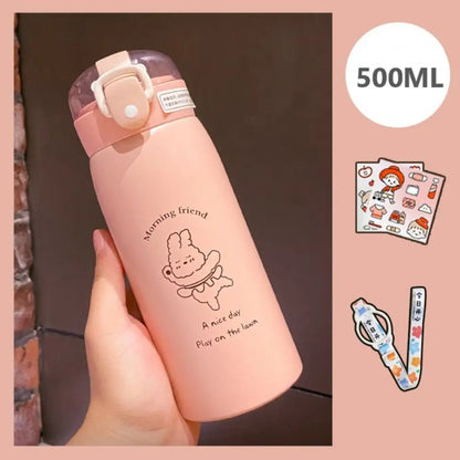 350ml/500ml Cute Water Bottle Thermos Cup Portable Kawaii Thermos Bottle with Straw and Stickers Kid Stainless Steel Thermal Mug