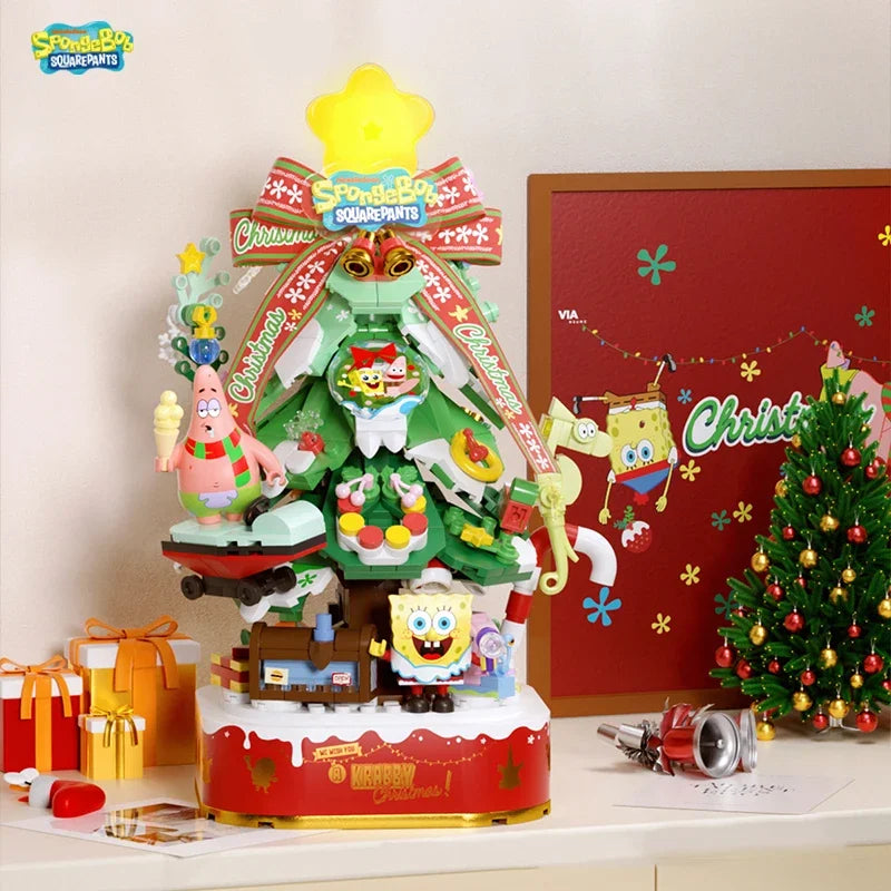 SpongeBob SquarePants Building Blocks Merry Christmas Tree Music Box Bricks Light Desktop Decoration Assembly Toys For Kids Gift