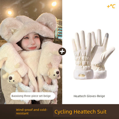 Cute Bear Hat Heattech Scarf Integrated Hooded Women's Autumn and Winter Heattech Gloves Thick Fleece Three-Piece Set