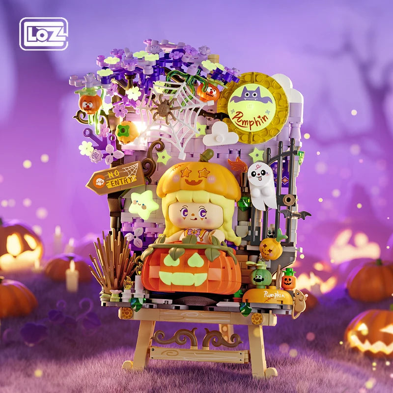 LOZ Mini Creative Pumpkin Fluorescence Easel Building Blocks Halloween Kitty Puzzle Assembly Toy Bricks Children Christmas Gifts