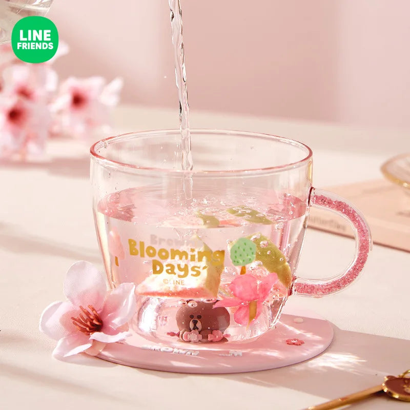 360Ml Anime Brown Bear Transparent Glass Cup with Lid Kawaii Pink Girls Milk Coffee Heat Insulation Water Mug Valentine Day Gift