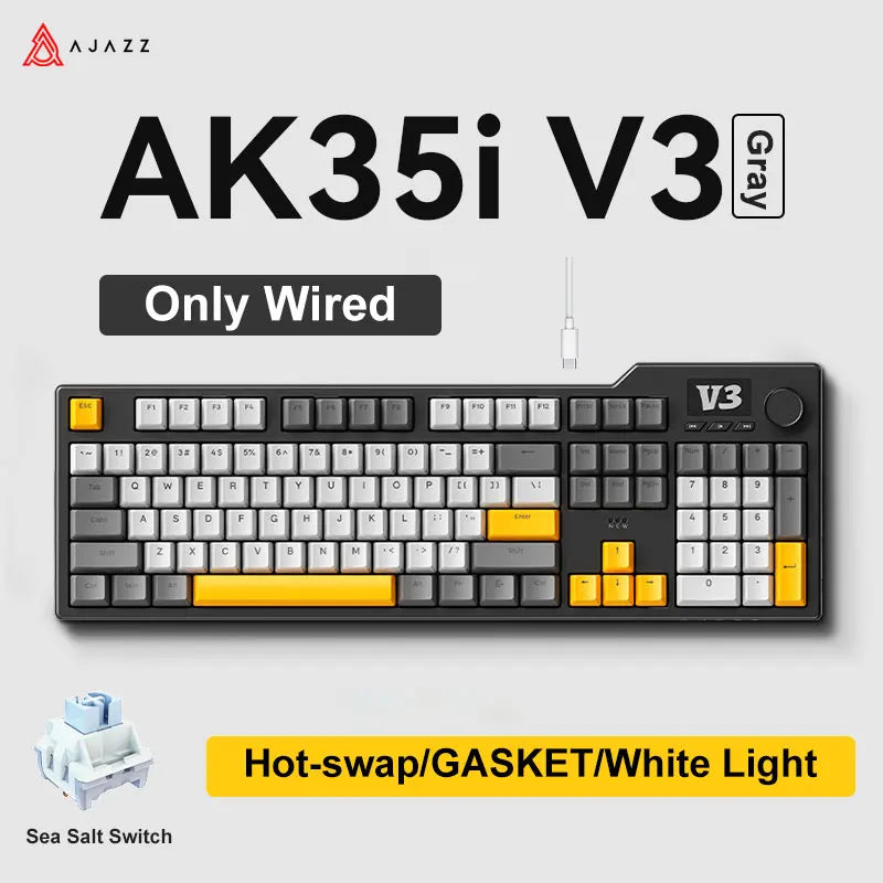 Ajazz AK35I V3 Tri-mode Wired Bluetooth Wireless Gaming Keyboard Gasket Structure Full Key Hot Swap 104 Keys Customized Keyboard