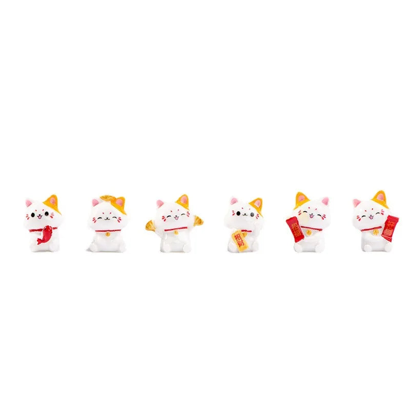 1/6Pcs Lucky Cat Micro Landscape Decoration Mini Figurines Cartoon Cats Potted Landscaping Ornaments Creative Mascot Car Decor