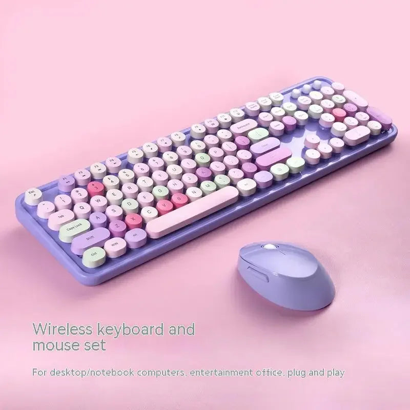 Sweet Wireless Keyboard and Mouse Set for Girls Office Typing Mechanical Hand Feel Keyboard Retro Rainbow