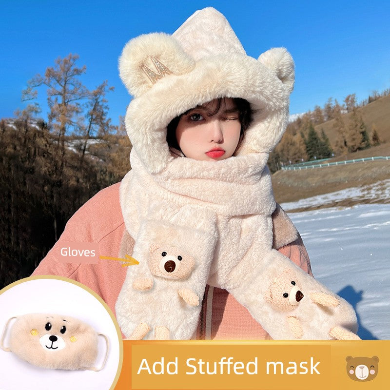 Cute Bear Hat Heattech Scarf Integrated Hooded Women's Autumn and Winter Heattech Gloves Thick Fleece Three-Piece Set