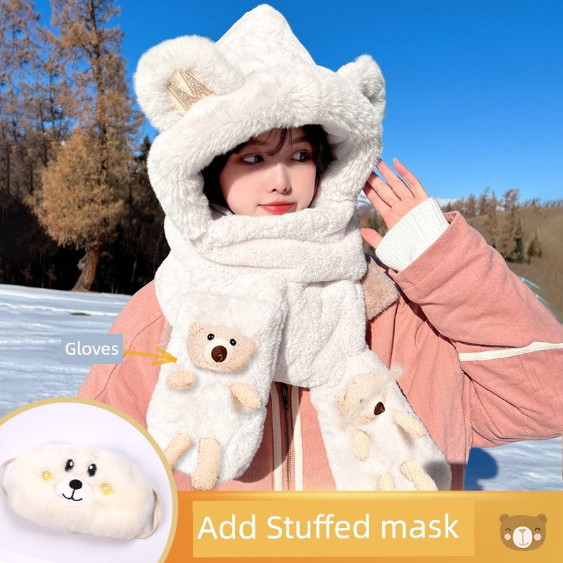 Cute Bear Hat Heattech Scarf Integrated Hooded Women's Autumn and Winter Heattech Gloves Thick Fleece Three-Piece Set