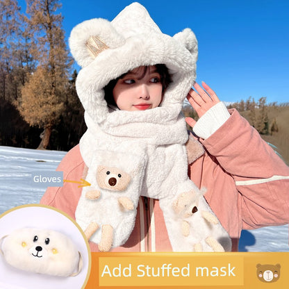 Cute Bear Hat Heattech Scarf Integrated Hooded Women's Autumn and Winter Heattech Gloves Thick Fleece Three-Piece Set