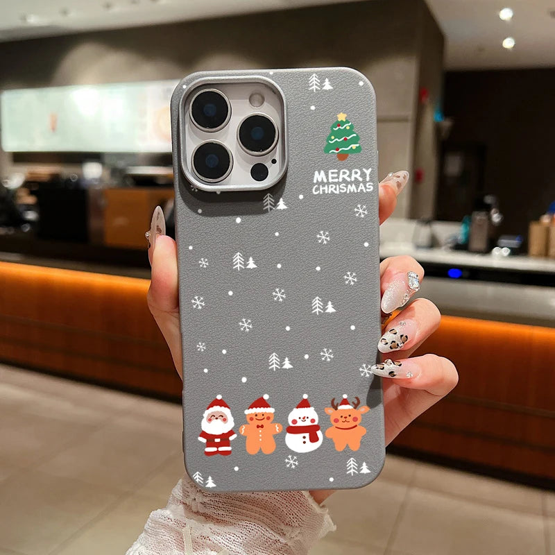 Leather Texture Christmas New Year Case For iPhone 16 15 Pro Max 14 16 Plus 13 12 Pro Max 11 Shockproof Soft TPU Phone Cover