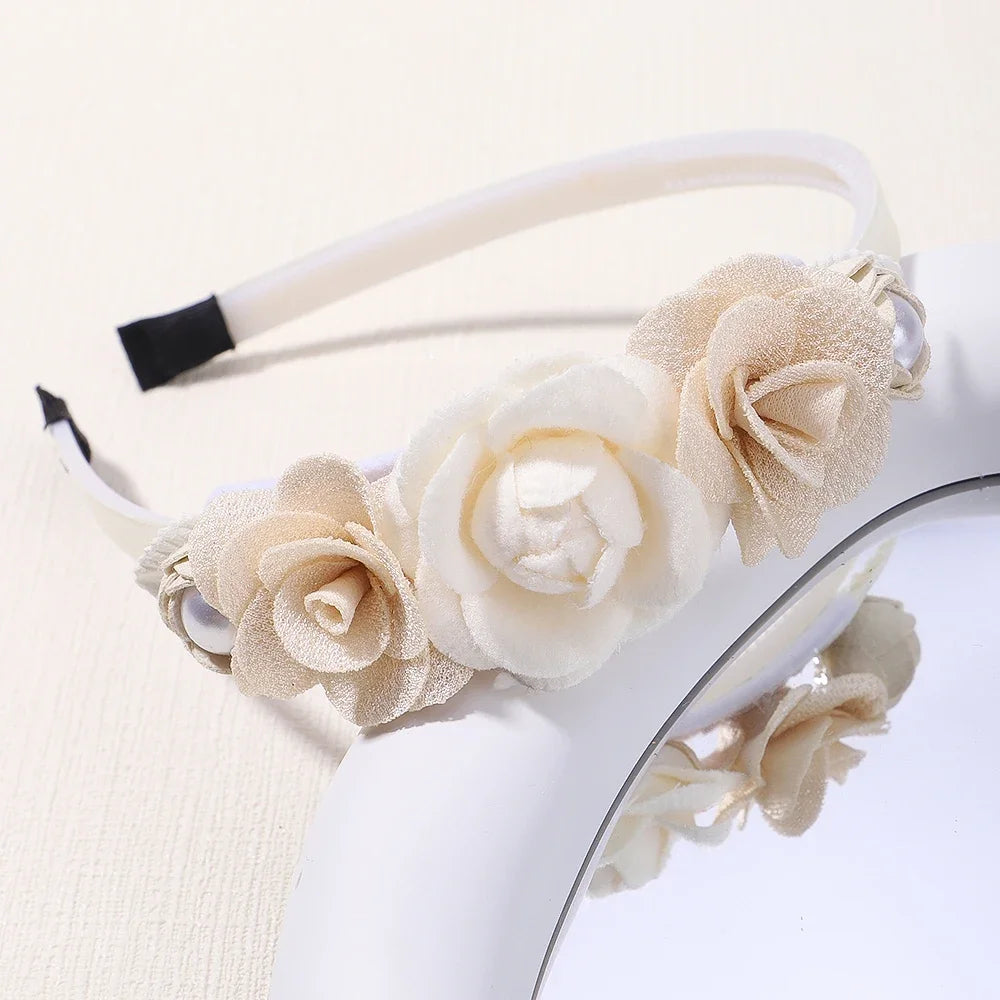 Handmade Head Flower Girls Headbands Baby Hairband Pearl Feather Wedding Princess Kids Dance Party Headwear Newborn Accessories