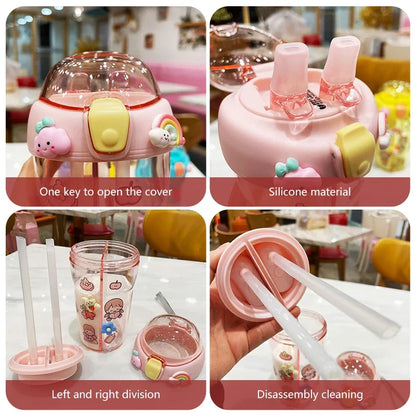 430ml Cute Children Double Drinking Water Bottle Straw Portable Student Couple Plastic Cup Gift School Kids