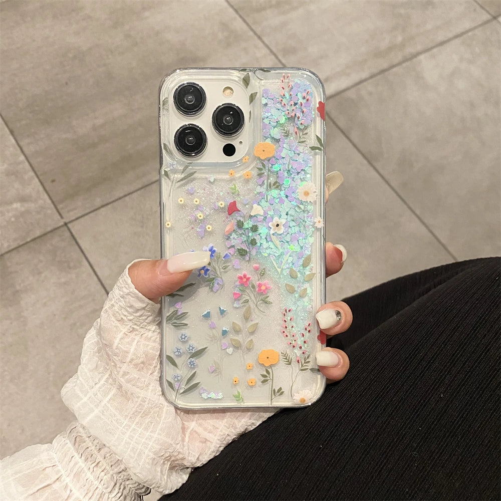 Flowers Glitter Liquid Quicksand Phone Case For iPhone 16 15 14 13 12 11 Pro Max Acrylic Cover Dynamic Sand Fundas Shell