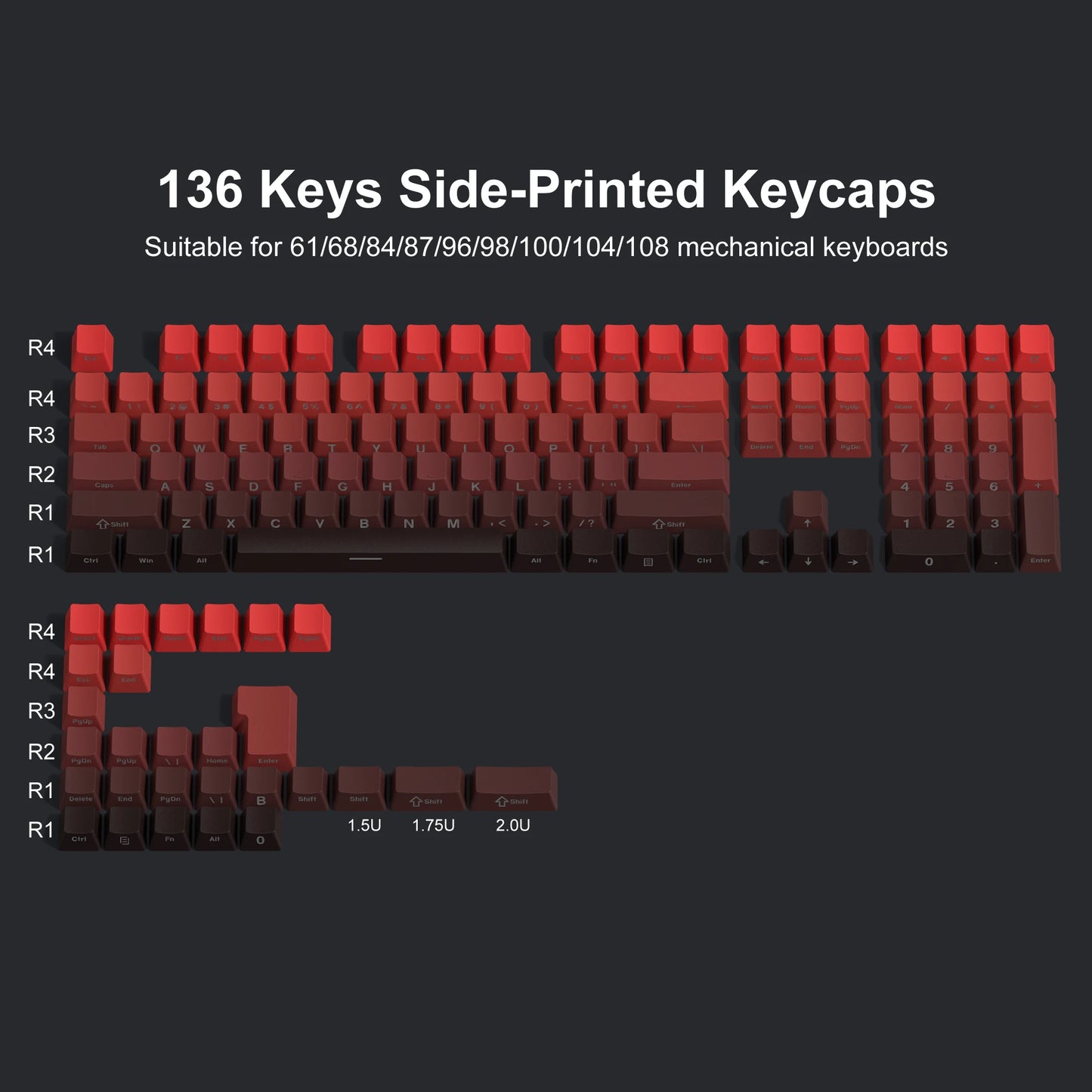 136 Key Side Print Gradient Red Cherry Profile PBT keycaps Double Shot Shine Through Backlit Key Caps For MX Mechanical Keyboard